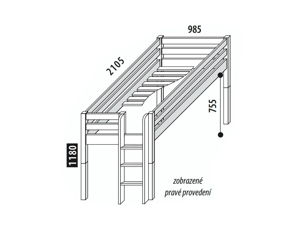 Zvýšené jednolůžko - postel DOMINO D905 s čelním vstupem, masiv smrk (Typ žebříku Šikmý žebřík, Výběr provedení - moření 2. Moření na bílo (výroba 6-8 týdnů ))