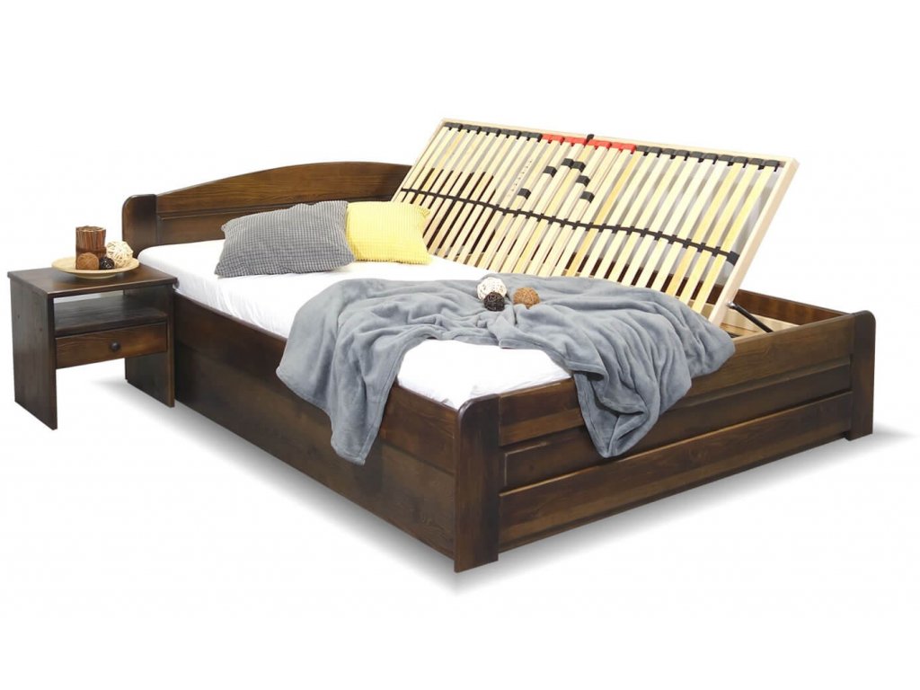 Dřevěná postel LADA, s úložným prostorem, masiv borovice, moření ořech (01-Ložná plocha 180x200 cm, Volba typu roštů Čelní výklop)