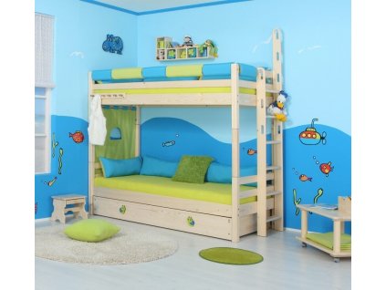 Dětská poschoďová postel - palanda DOMINO D906- TZ, masiv smrk (Typ žebříku - palandy Žebřík s otvory, Výběr provedení - moření 2. Moření na bílo (výroba 6-8 týdnů ))