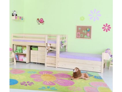 Zvýšené jednolůžko posuvné DOMINO D934-TZ, masiv smrk (Typ žebříku Šikmý žebřík, Výběr provedení - moření 2. Moření na bílo (výroba 6-8 týdnů ))