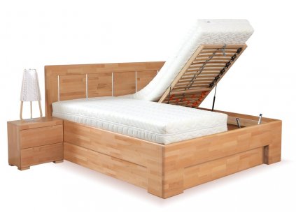 Manželská postel s úložným prostorem z masivu SOFIA F111/F139 180x200, masiv buk (Volba typu roštů Boční výklop, Výběr moření buku BSS - starošedá)