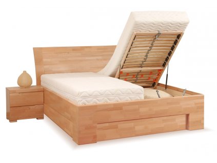 Manželská postel s úložným prostorem z masivu SOFIA F118/F139, masiv buk (02-Šířka postele 6-Šířka 180cm, Volba typu roštů Boční výklop, Výběr moření buku BSS - starošedá)