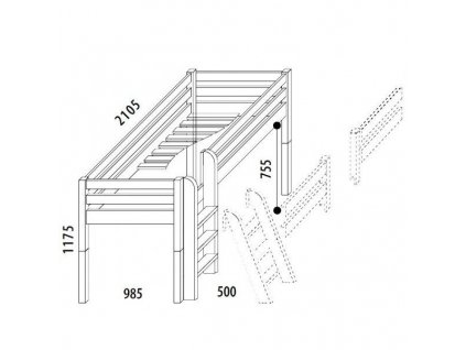 Zvýšené jednolůžko DOMINO D905/BC, masiv buk (Typ žebříku Šikmý žebřík, Výběr provedení - moření 02.Buk cink - bílá)