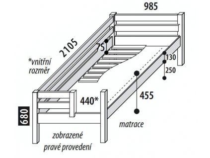 Dětská postel jednolůžko DOMINO se zábranou, dělené čelo D101, masiv smrk (Výběr lakování smrku SB-bíla)