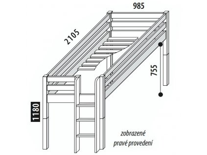Zvýšené jednolůžko - postel DOMINO D905 s čelním vstupem, masiv smrk (Typ žebříku Šikmý žebřík, Výběr provedení - moření 2. Moření na bílo (výroba 6-8 týdnů ))