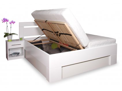 Zvýšená postel s úložným prostorem VAREZZA 5 senior 160x200, 180x200, masiv buk, bílá (01-Ložná plocha 180x200 cm, Materiál boxu 02. Dřevěný úložný prostor, Volba typu roštů Čelní výklop)