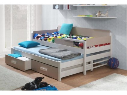 Dětská postel s přistýlkou a úložným prostorem DORIS, masiv borovice (Barevné provedení lamina MB 17. Zebrano, Barevné provedení postele 24. Capuccino akryl)