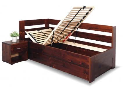 Postel s úložným prostorem Valentin-Levá, 80x200, 90x200 cm, masiv smrk (01-Ložná plocha 90x200, Moření BW - smrk wenge, Volba typu roštů Čelní výklop)
