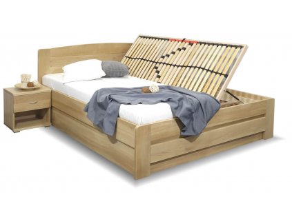 Postel dvoulůžko s úložným prostorem Justina, masiv dub (01-Ložná plocha 180x200 cm, Volba typu roštů Čelní výklop, Výška rámu 02. 45 cm)