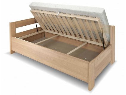 Rohová zvýšená úložná postel jednolůžko ELA - LEVÁ, 120x200, Rošt v ceně (01-Moření Rovder buk Lak-třešeň, Volba typu roštů Laťový rošt BV)