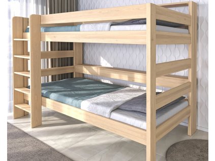 Poschoďová postel JUNIOR s policemi, masiv buk   (Varianta Plocha pro matrace 100x200 cm, Výběr odstínu Lak - šedá, Umístění žebříku, schodů Žebřík vlevo)
