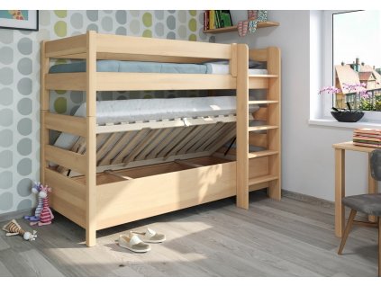 Poschoďová postel s úložným prostorem JUNIOR 10, masiv buk (Varianta Plocha pro matrace 80x200 cm, Výběr odstínu Lak - tm.ořech, Umístění žebříku, schodů Žebřík vlevo)