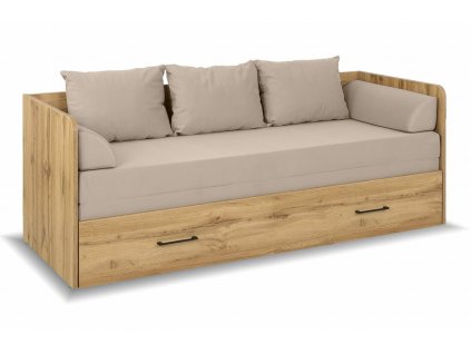 Rozkládací postel s matracemi a polštáři TETRIS, dub wotan/béžová