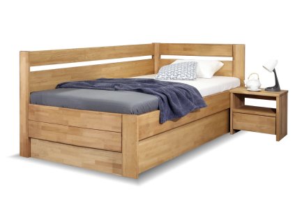 Postel s úložným prostorem Academia, 120x200, masiv buk, Levá (Barevné provedení HappyBed - buk 15.Lak - Eben, Volba typu roštů Laťový rošt NV, Výška rámu 03. 50 cm)
