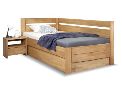 Postel s úložným prostorem Academia, 120x200, masiv buk, Pravá (Barevné provedení HappyBed - buk 15.Lak - Eben, Volba typu roštů Laťový rošt NV, Výška rámu 03. 50 cm)