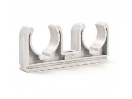 Dvojpríchytka na potrubie, biely plast - 2x20mm