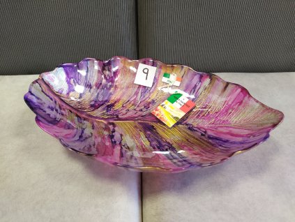 Designová skleněná mísa ve tvaru listu růžová