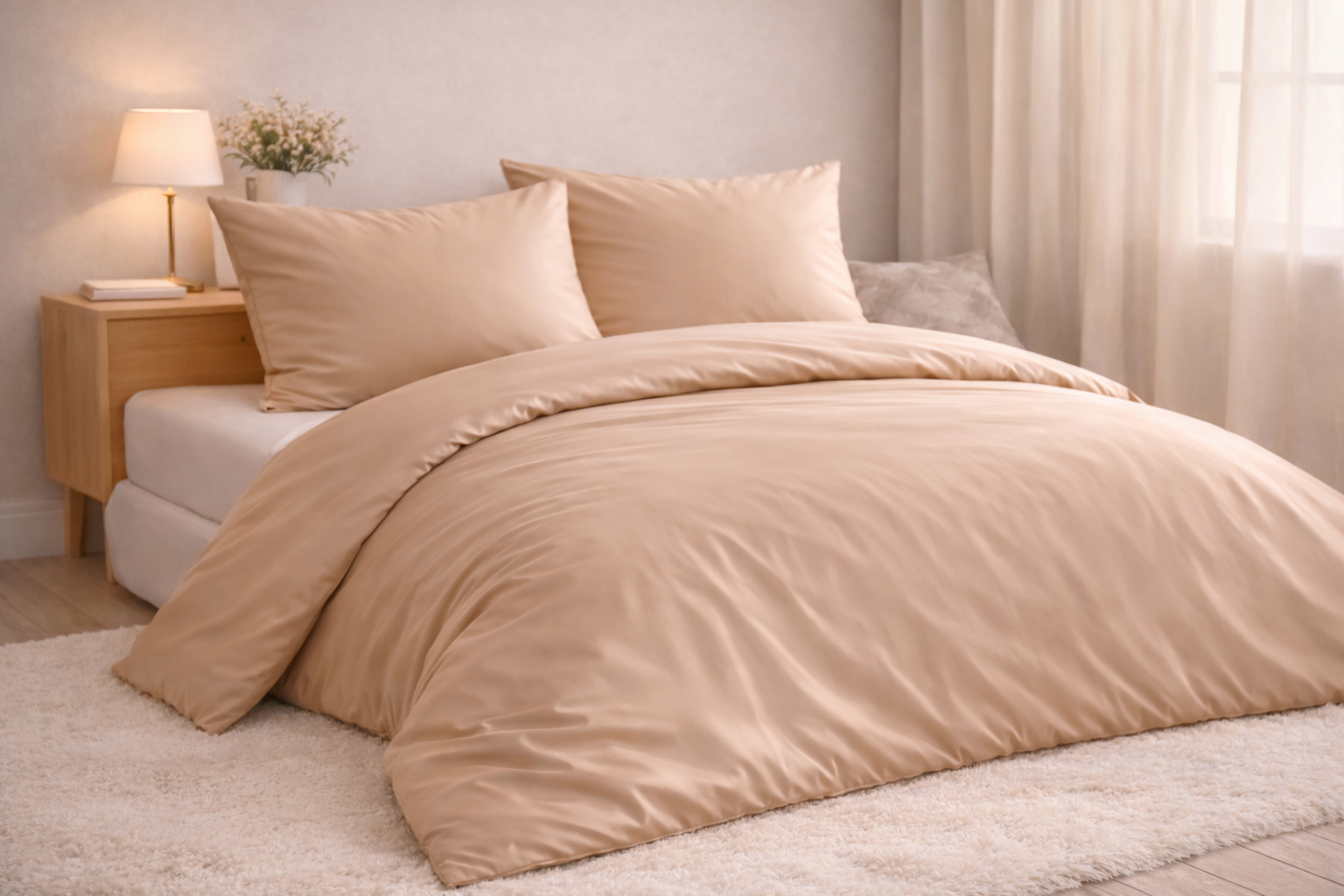 Béžové posteľné obliečky v útulnej spálni