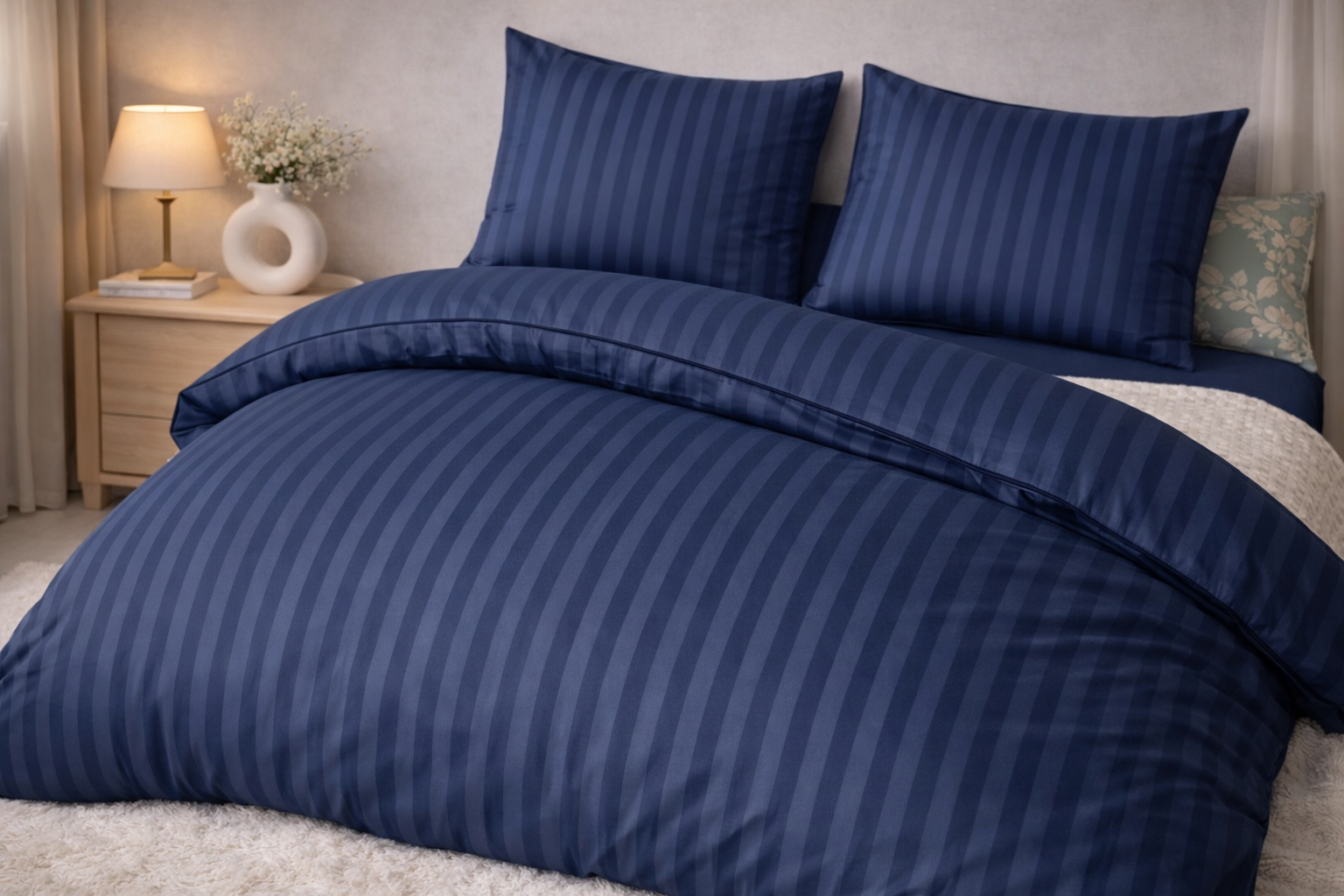 Modré posteľné obliečky v svetlej spálni