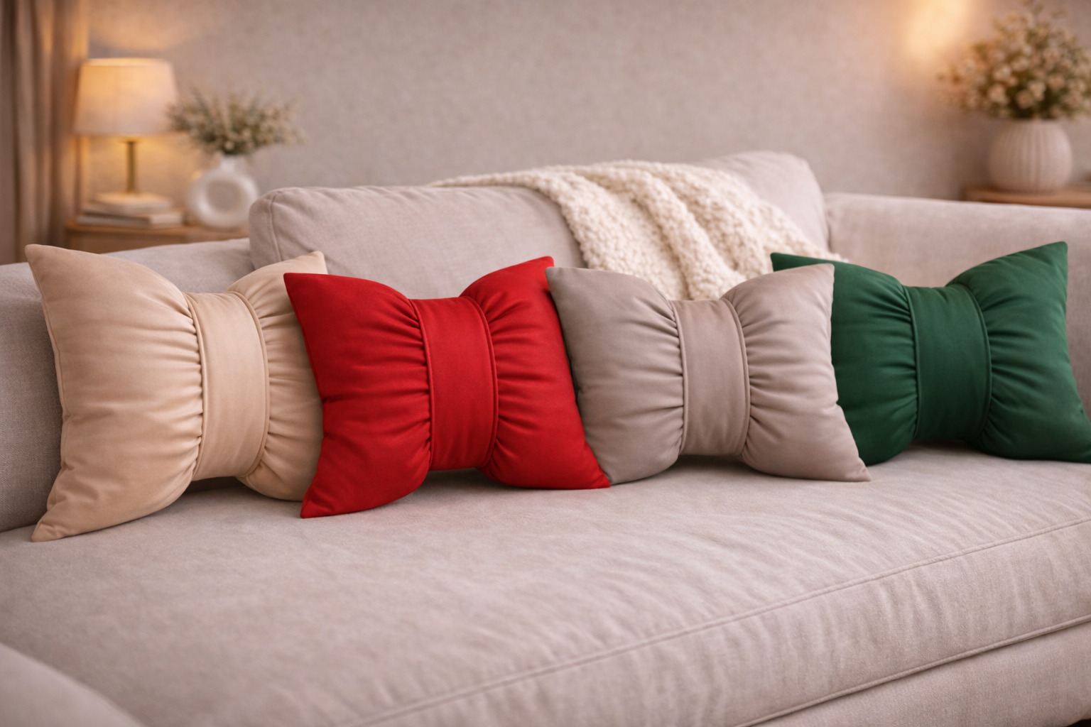 Dekoračný vankúš Mašľa – béžová/sivá/zelená/červená