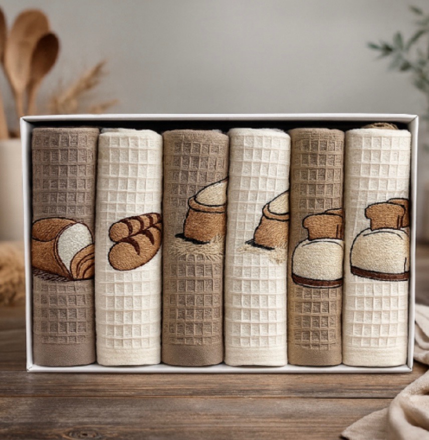 Detail výšivky na bavlnenej kuchynskej utierke