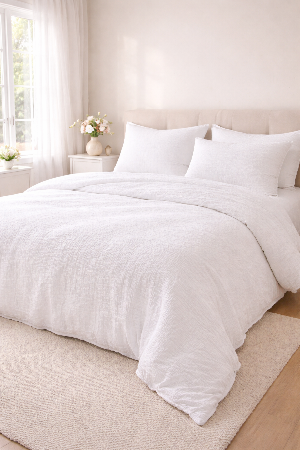 Mušelínové obliečky v svetlej spálni