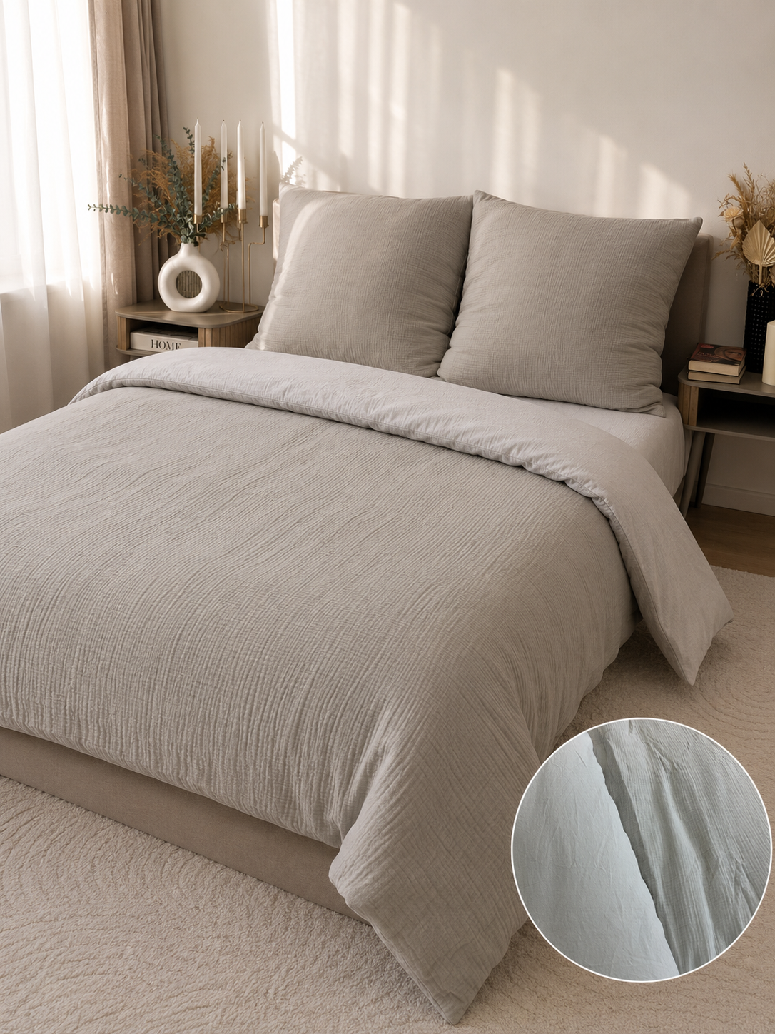 Sivé mušelínové obliečky 200x220 cm s dvoma obliečkami na vankúš 70x80 cm