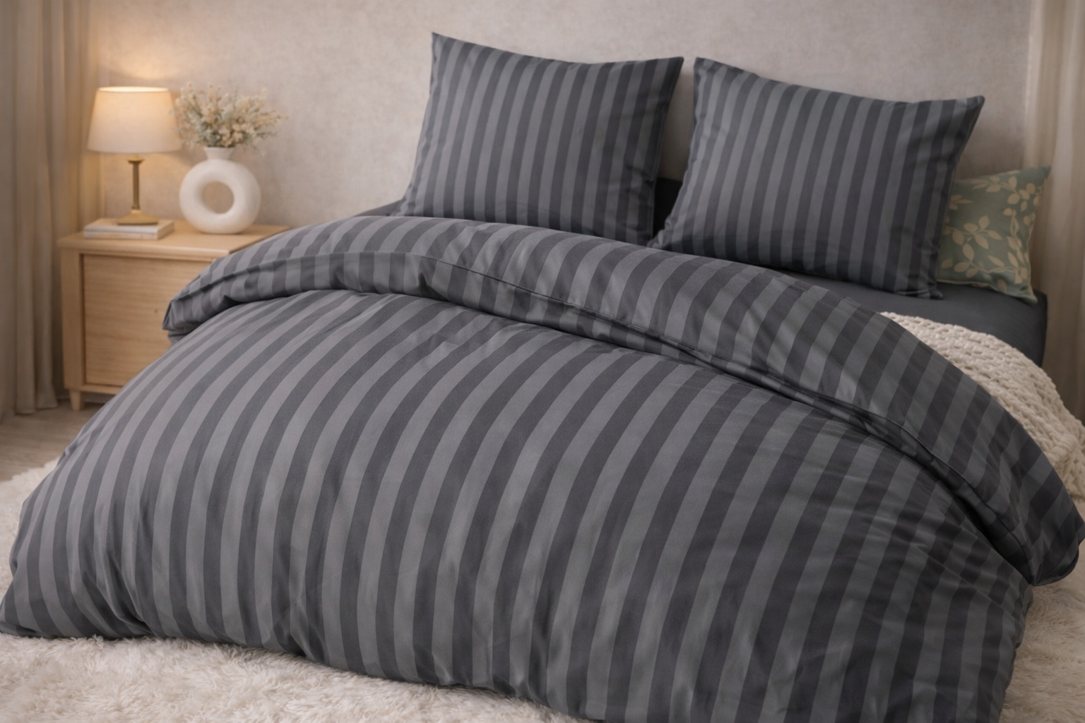 Sivé posteľné obliečky v modernej svetlej spálni