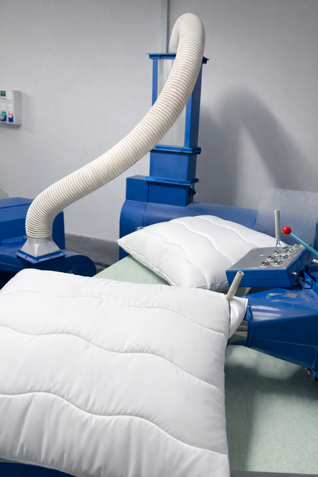 Strojové plnenie vankúšov guľôčkovým dutým vláknom pomocou vzduchového systému