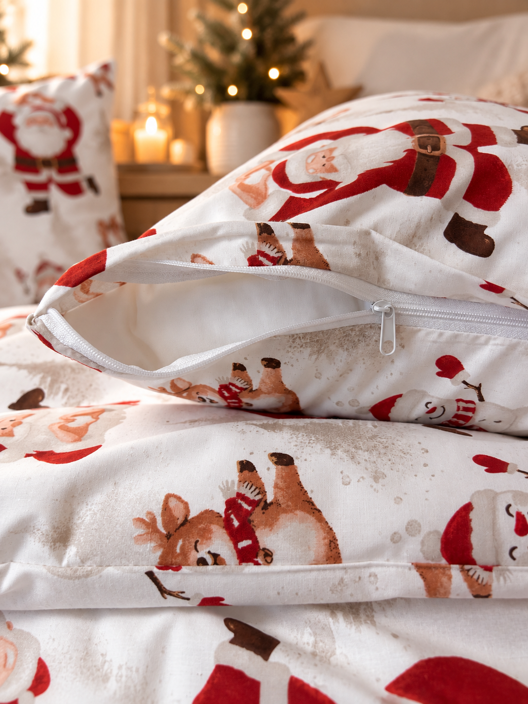 Detail bavlnených vianočných obliečok Santa Claus so snehuliakmi a sobíkmi