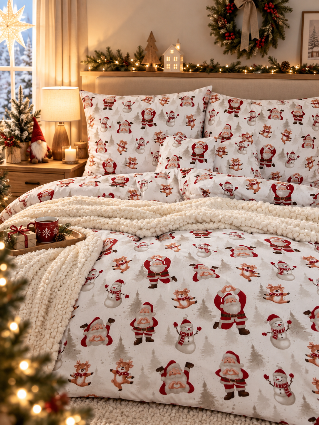Vianočné posteľné obliečky Santa Claus 140x200 so snehuliakmi a sobíkmi