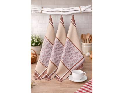 Prémiové kuchynské utierky egyptská bavlna béžová listový vzor