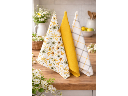 Bavlnené kuchynské utierky žlté kvety a károvaný vzor