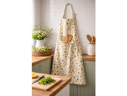 Kuchynská zástera žlté a olivové kvety bavlnená 70x90 cm s vreckom