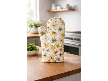 Kuchynská chňapka žlté a olivové kvety bavlnená 18x28 cm s magnetom