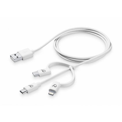 USB kabel CellularLine se třemi adaptéry Lightning + Micro USB + USB-C, bílý