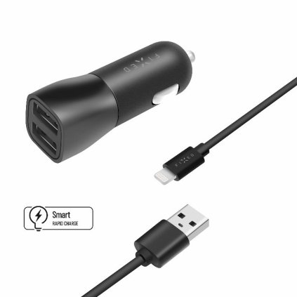 Set autonabíječky FIXED s 2xUSB výstupem a USB/Lightning kabelu, 1 metr, MFI certifikace, 15W Smart Rapid Charge, černá