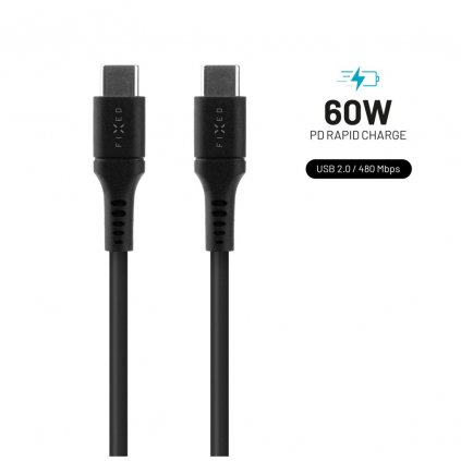 Dlouhý nabíjecí a datový Liquid silicone kabel FIXED s konektory USB-C/USB-C a podporou PD, 2m, USB 2.0, 60W, černý