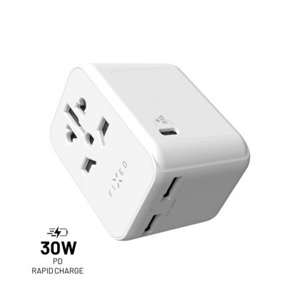 Cestovní adaptér FIXED Voyager 30 W pro EU, UK a USA/AUS, s 1xUSB-C a 2xUSB výstupem, GaN, PD 30W, bílý