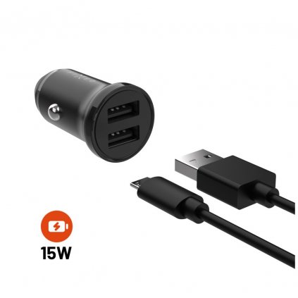 Set autonabíječky FIXED s 2xUSB výstupem a USB/micro USB kabelu, 1 metr, 15W Smart Rapid Charge, černá