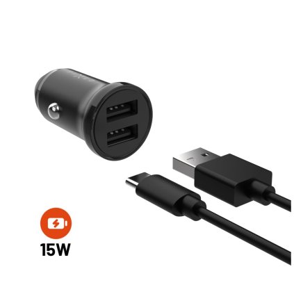 Set autonabíječky FIXED s 2xUSB výstupem a USB/USB-C kabelu, 1 metr, 15W Smart Rapid Charge, černá