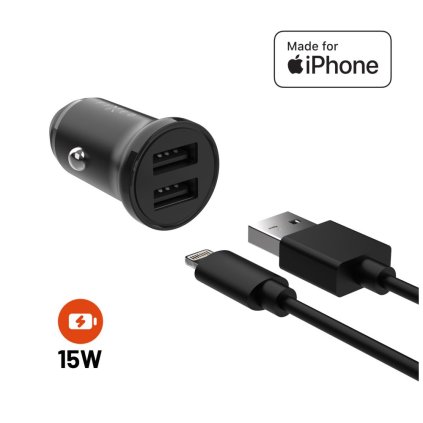 Set autonabíječky FIXED s 2xUSB výstupem a USB/Lightning kabelu, 1 metr, MFi certifikace, 15W Smart Rapid Charge, černá