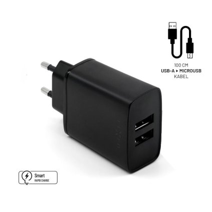 Set síťové nabíječky FIXED s 2xUSB výstupem a USB/micro USB kabelu, 1 metr, 15W Smart Rapid Charge, černá