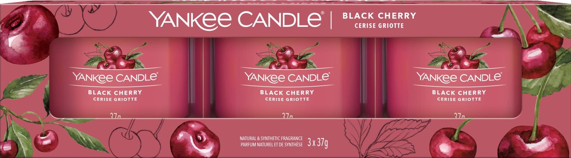 Yankee Candle Black Cherry votivní svíčky ve skle 3 x 37 g