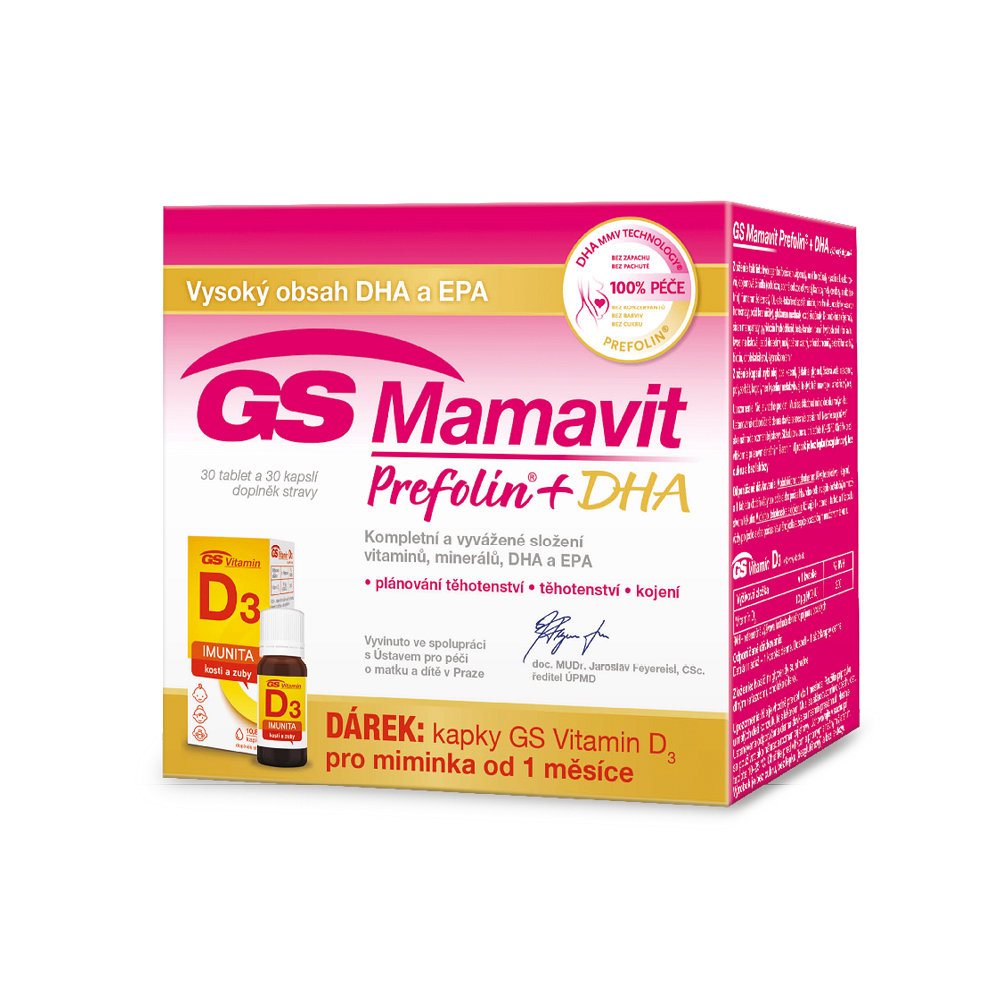 GS Mamavit Prefolin + DHA + EPA 30 tablet + 30 kapslí + dárek GS Vitamin D3