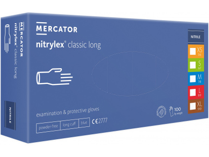 Rukavice nitrilové prodloužené Mercator Medical Nitrylex Classic Long, 100 ks, modré, nepudrované