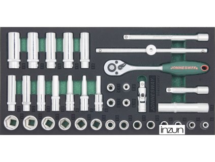Modul pěnový - gola sada 3/8", hlavice 6hranné a TORX-E, 36 dílů - JONNESWAY S04H3136KV