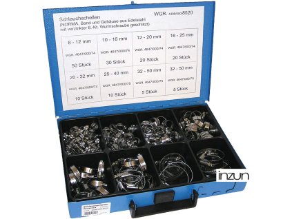 Hadicové spony se šroubovacím zámkem, 8-50 mm, nerezové, sada 150 ks v kufru