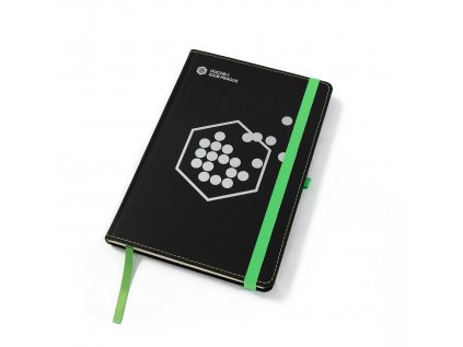 Black notebook with green rubber band