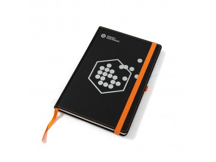 Black notebook with orange rubber band